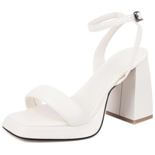 Wtharosa Hyper Atmungsaktive Mikrofaser Weite Sandalen Niedriger Blockabsatz Quadratspitze Knöchelriemen Für Pendeln Tägliches Tragen & Sommerabende,Weiß,39 EU von Wtharosa