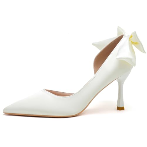 Wtharosa Königliche Hof Sandalen Pumps Mit Offener Spitze Riemchen Stilettoabsatz Brautschuhe Mit Schleife Hinten Satijn Hochzeitsfeier Schuhe Für Braut & Abendevents,White(Heel:5cm),44 EU von Wtharosa
