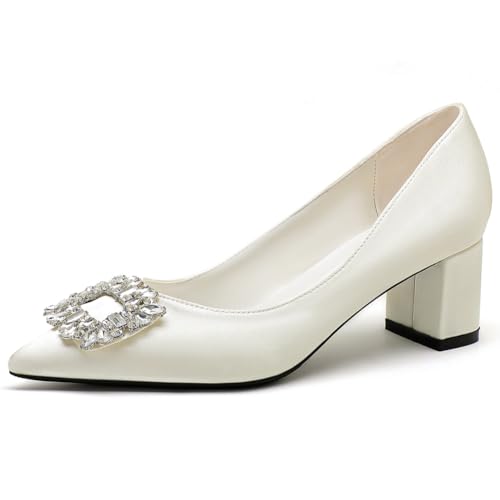 Wtharosa Königlicher Stil Brautschuhe Für Die Braut Spitze Zehen Blockabsatz Strass Satin Pumps Für Hochzeit Abendparty (Vintage Hofschuhe),Weiß,40 EU von Wtharosa
