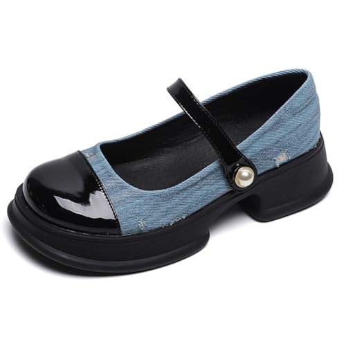 Wtharosa Mary Jane Denim Plateform Schuhe Damen Lackierte Zehenkappe Perle Knopf Detail Bequeme Blockabsatz Casual Laufen Täglich,Blau,34 EU von Wtharosa