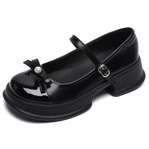 Wtharosa Mary Jane Plateform Schuhe Damen Lackierte Zehenkappe Perle Schleife Detail Bequeme Blockabsatz Casual Laufen Täglich,Schwarz,39 EU von Wtharosa