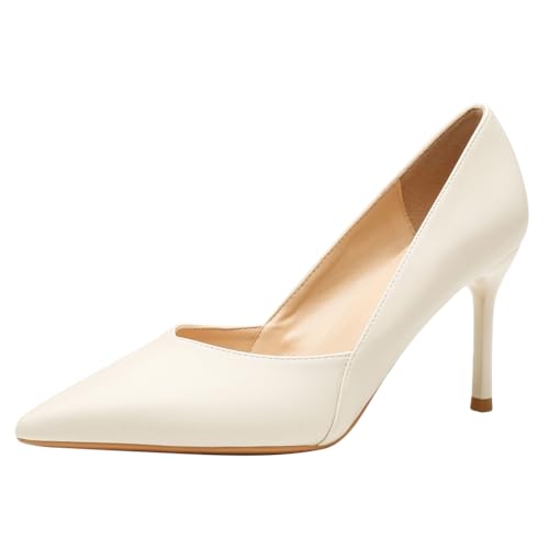 Wtharosa Modische Damen Pumps Mit Spitzem Zehen Aus Leder Stiletto Hohem Absatz Klassische Court Schuhe Für Büro Party Abend,Beige(Heel:6cm),34 EU von Wtharosa