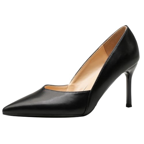 Wtharosa Modische Damen Pumps Mit Spitzem Zehen Aus Leder Stiletto Hohem Absatz Klassische Court Schuhe Für Büro Party Abend,Black(Heel:8cm),40 EU von Wtharosa