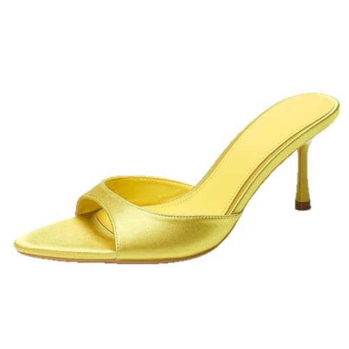 Wtharosa Mule Sandalen Satin Damen Offene Zehen Kitten Absatz Schlupfer Sommer Schuhe Bequem Casual Elegant Damen Hochzeit Strand Urlaub Hausschuhe,Gelb,37 EU von Wtharosa