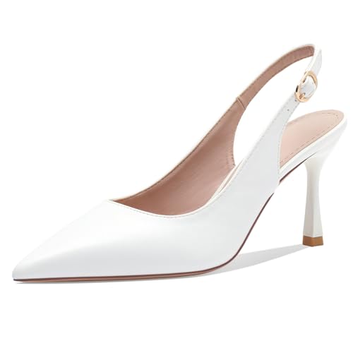 Wtharosa Niedriger Ausschnitt Spitz Zehen Sandalen Slingback Kitten Absatz Stiletto Atmungsaktive PU Antirutschsohle Berufs Brautschuhe Für Büro Täglichen Gebrauch,White(Heel:7cm),40 EU von Wtharosa