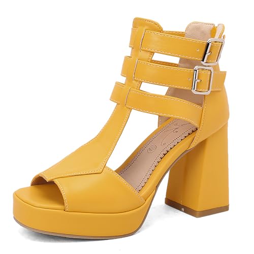 Wtharosa Plateform Sandalen Damen DREI Riemen Mit Schnallen Leder Blockabsatz Bequeme Sommerschuhe Casual Strand Hochzeit Party Büro rutschfest Stilvoll,Gelb,47 EU von Wtharosa