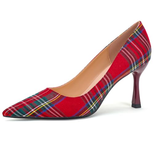 Wtharosa Pumps Damen Canvas Spitze Zehe Stiletto Absatz für Büro Hochzeit Feiern,Rot,41 EU von Wtharosa