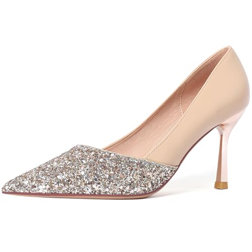 Wtharosa Pumps Damen Peeptoe Strass Stiletto Absätze Für Büro Party Hochzeit Schlichte Ausschnitt,Champagne,39 EU von Wtharosa