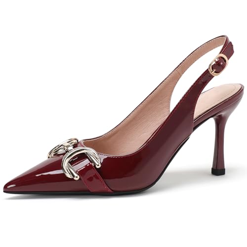 Wtharosa Pumps Mit Spitzer Kappe Damen Lackleder Schrägriemen Gold Schnalle Detail Stilettoabsatz Elegante High Heels Für Büro Hochzeit Party Abendgarderobe Bequem Klassisch,Burgundy(Heel:5cm),35 EU von Wtharosa