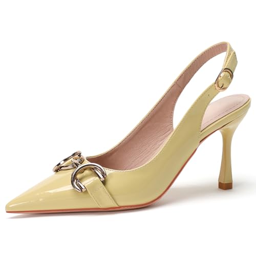 Wtharosa Pumps Mit Spitzer Kappe Damen Lackleder Schrägriemen Gold Schnalle Detail Stilettoabsatz Elegante High Heels Für Büro Hochzeit Party Abendgarderobe Bequem Klassisch,Yellow(Heel:7cm),40 EU von Wtharosa