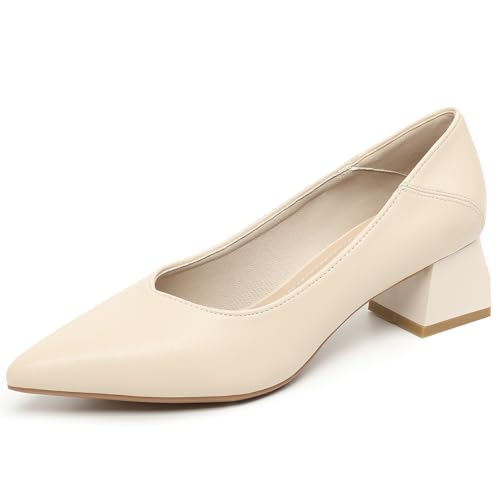 Wtharosa Pumps Mit Spitzer Kappe Damen Leder Blockabsatz Klassische Court Schuhe Bequeme Büro Hochzeit Party Elegant Schlüpfen Professionell,Apricot,39 EU von Wtharosa