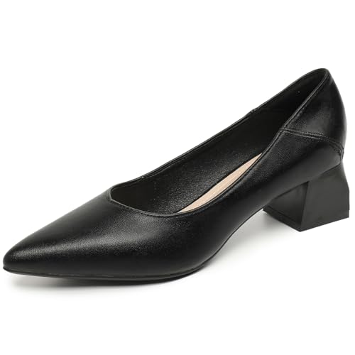 Wtharosa Pumps Mit Spitzer Kappe Damen Leder Blockabsatz Klassische Court Schuhe Bequeme Büro Hochzeit Party Elegant Schlüpfen Professionell,Schwarz,36 EU von Wtharosa