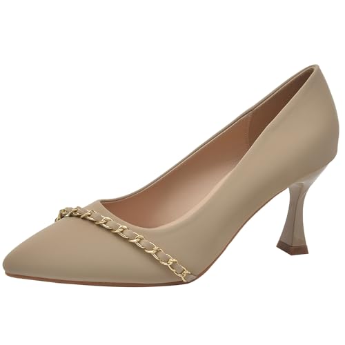 Wtharosa Pumps Spitze Zehe Mit Ketten Detail Kitten Absatz Professionell Abendschuhe Damen Büro Hochheit Formelle Anlässe,Khaki,38 EU von Wtharosa