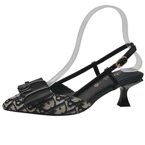 Wtharosa Slingback Spitze Zehe Damen Schwarz Spitze Muster Schleife Detail Knöchel Riemen Bequeme Abendschuhe Hochzeit Formelle Anlässe,Schwarz,44 EU von Wtharosa