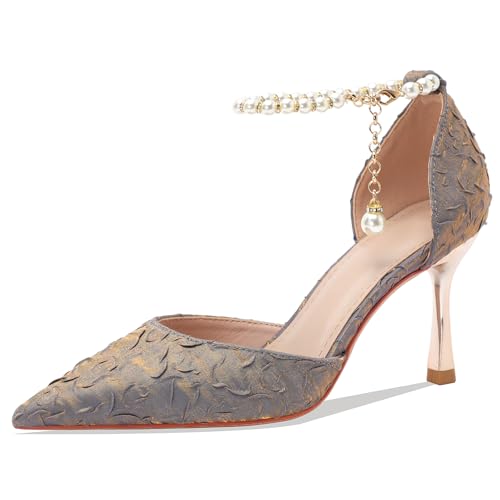 Wtharosa Stiletto High Heels Damen Mit Perlenverzierter Knöchelband Strukturiertem Muster DREI Farboptionen Für Abendkleid Hochzeit Festlich,Blue(Heel:7cm),39 EU von Wtharosa