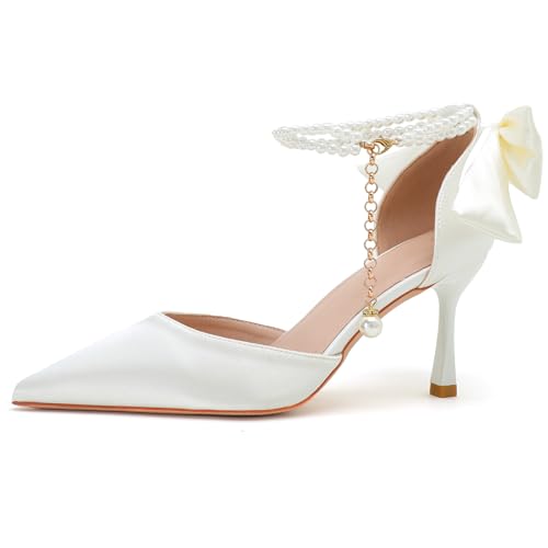 Wtharosa Women White Satin Bridal Heels Pearl Ankle Strap Pointed Toe Wedding Shoes Elegant Bow Detail Bride Special Occasion Party Prom Evening Dress,White(Heel:7cm),40 EU von Wtharosa