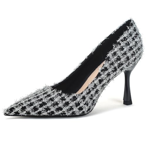 Wtharosa Women's Stiletto Absatz Spitz Zeh Mesh Pumps Slip On Mit Weicher Mikrofaser Antirutschsohle Für Büro Arbeit Date Damenschuhe,Silver（Heel:7.5cm）,35 EU von Wtharosa