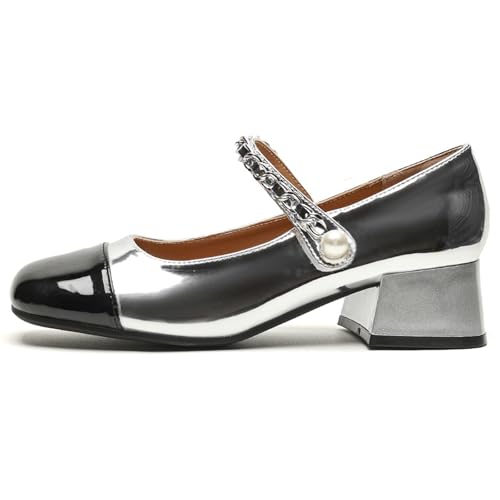 Wtharosa Zweifarbig Mary Jane Schuhe Damen Lackiert Perle Kette Detail Block Absatz Bequeme Abendschuhe Büro Formelle Anlässe,Silber,37 EU von Wtharosa