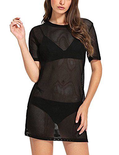 WuLun® Damen Sexy Strand Cover Ups Kurzarm Durchsichtig Gaze Durchsichtig Mesh T-Shirt-Kleid, Black02, Groß von WuLun