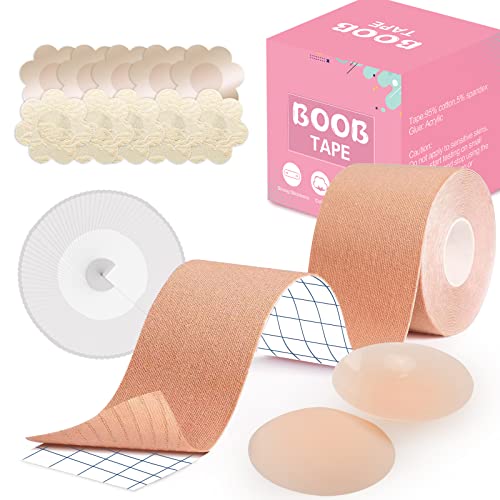 WuNian Klebe BH Push Up Boob Brust Tape für Grosse Brüste - Mit 1 Paar Wiederverwendbare Unsichtbar Silikon Nipple Cover, 10 Paar Nippelpads und 36 Fashion Tape von WuNian