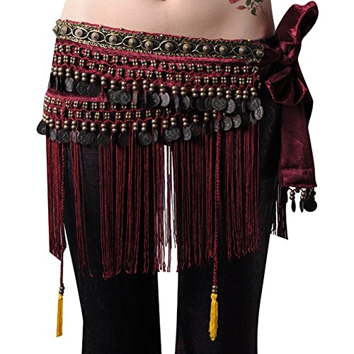 Wuchieal Bauchtanz Hüfttuch Bauchtänzerin Tribe Style Gürtel Quaste Hüfttuch Samt Taille Kostüm (Dunkelrot, One size) von Wuchieal