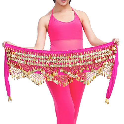 Wuchieal Damen Profi Zumba Rock Bauchtanz Hüfttuch mit Münzen Gürtel Röcke (Dunkelpink, OneSize) von Wuchieal