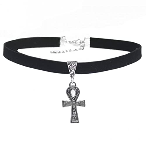 Wudaizhi 1pc Fashion Schmuck Halskette Schwarz 10 Mm Flach Wildleder Ägypten Ankh Kreuz Charm Choker Halskette von Wudaizhi