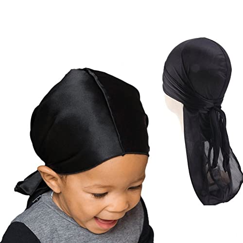 Wudaizhi Kid's Siedry Durags Kappen Lange Schwanz Headwrap Turban Mützen Breitband Satin Cap Für 360 Wellenmänner Frauen (schwarz) von Wudaizhi