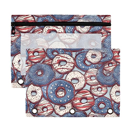 4. Juli Unabhängigkeitstag Amerikanische Flagge Rot Blau Donuts Kreative 3-Ringbuch Bleistiftbeutel 2 Stück Transparent Wasserdicht Kunststoff Federmäppchen mit Reißverschluss Kosmetiktasche Büro Dokument Organizer von Wudan