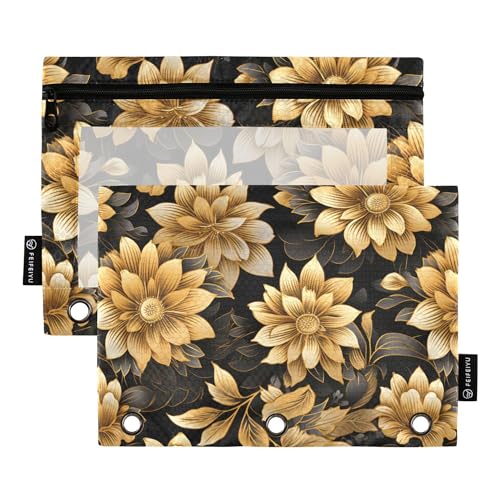 Abstrakte goldene Blume 3 Ringe Binder Bleistifttaschen 2 Stück Ordner wasserdichte Dokumententaschen Binder Federmäppchen Büro Dokument Organizer, Abstrakte Goldblume, one sizex2 von Wudan
