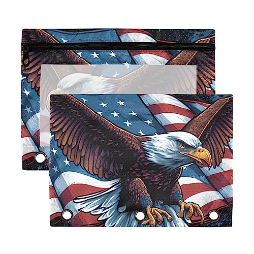 American Independence Day Fierce Flying Eagle with Flagge 3 Ring Binder Pencil Pouch Pouch 2 Pack Kunststoff Recycled Transparent Wasserdicht Federmäppchen mit Reißverschluss Schreibwaren Zubehör von Wudan