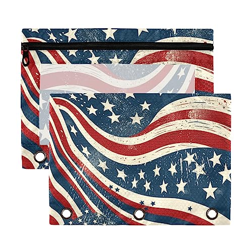 American Independence Day Flagge Sterne Rot Blau Weiß 3 Ring Binder Bleistift Pouch 2 Pack Kunststoff Recycelte Transparent Wasserdicht Federmäppchen mit Reißverschluss Schreibwaren Zubehör von Wudan