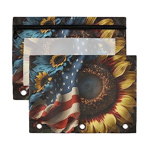 American Independence Day Rot Blau Kreative Sonnenblume 3 Ringbuch Bleistiftbeutel 2 Stück Kunststoff Recycelte Transparent Wasserdicht Federmäppchen mit Reißverschluss Schreibwaren Zubehör von Wudan