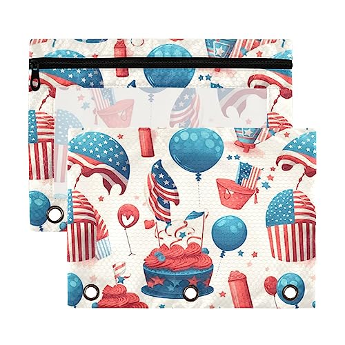 American Independence Day Rot Blue Desserts Balloons 3 Ring Binder Pencil Pouch 2 Pack Clear Waterproof Plastic Pencil Case with Zipper Cosmetic Bag Office Document Organizer von Wudan