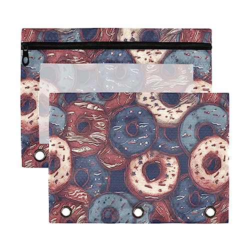 American July 4th Independence Day Red Blue Donuts Creative 3 Ring Binder Pencil Pouch Pouch 2 Pack Clear Waterproof Plastic Pencil Case with Zipper Cosmetic Bag Office Document Organizer von Wudan