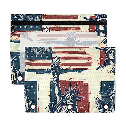 American Statue of Liberty Independence Day Retro 3 Ringbuch Federmäppchen 2 Stück Kunststoff Recycelte Transparent Wasserdicht Federmäppchen mit Reißverschluss Schreibwaren Zubehör von Wudan