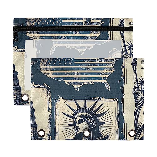 American Vintage Statue of Liberty Independence Day 3 Ringbuch Bleistiftbeutel 2 Stück Kunststoff Recycelte Transparent Wasserdicht Federmäppchen mit Reißverschluss Schreibwaren Zubehör von Wudan