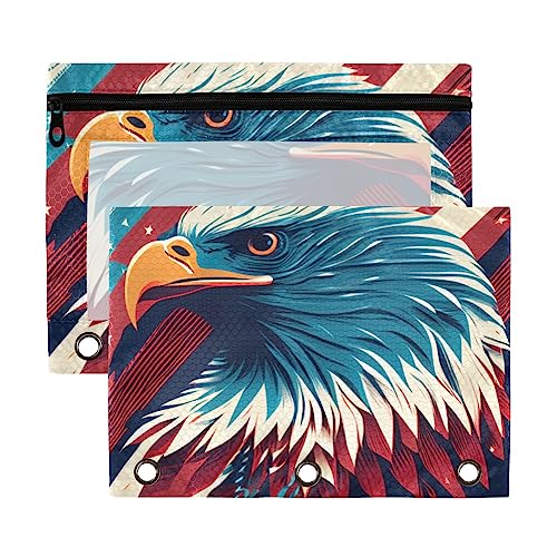 Amerikanische Flagge, kreativer Adlerkopf und winkender 3-Ringbuch-Federmäppchen, aus recyceltem Kunststoff, transparent, wasserdicht, mit Reißverschluss, Schreibwaren-Zubehör von Wudan