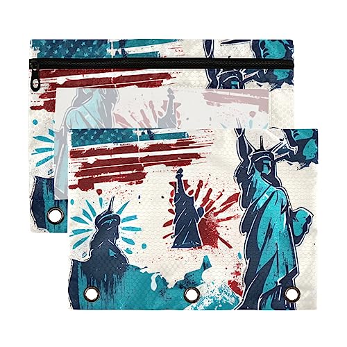 Amerikanische Unabhängigkeitstag-Flagge und Statue der kreativen Retro-3-Ringbuch-Federmappe aus Kunststoff, recycelt, transparent, wasserdicht, mit Reißverschluss, Schreibwaren-Zubehör von Wudan