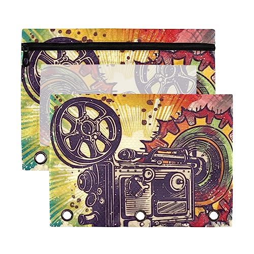 Amerikanischer Retro-Filmprojektor mit 3 Ringbuch-Federmäppchen, aus recyceltem Kunststoff, transparent, wasserdicht, mit Reißverschluss, Schreibwaren-Zubehör von Wudan