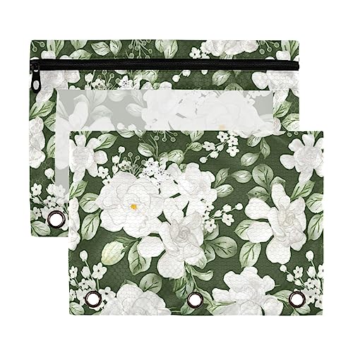 Aquarell Blume Gardenia weiße Blätter grün 3 Ringordner Federmäppchen 2 Stück transparent wasserdicht Kunststoff Federmäppchen mit Reißverschluss Kosmetiktasche Büro Dokument Organizer von Wudan