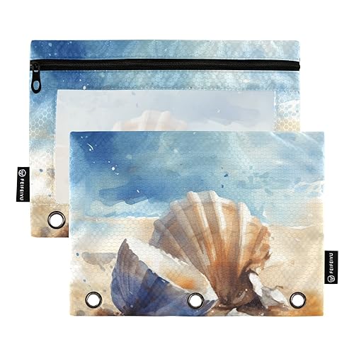 Aquarell Gelb Blau Shell Meer 3 Ring Binder Bleistift Beutel 2 Pack Klar Ordner Kosmetiktasche Kunststoff Bleistift Tasche Bürobedarf Zubehör, Aquarell Gelb Blau Muschel Meer, one sizex2 von Wudan