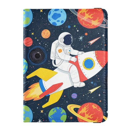Astronaut und Raketen im Weltraum Reisebrieftasche Leder Reisepasshülle Wasserdicht Tickethalter für Frauen Reisedokumente von Wudan