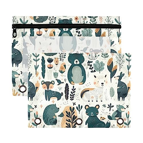 Bär Igel und Pflanzen Blumen Grün 3 Ring Binder Federmäppchen 2 Stück Transparent Wasserdicht Kunststoff Federmäppchen mit Reißverschluss Kosmetiktasche Büro Dokument Organizer von Wudan