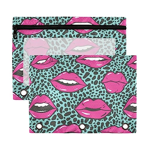 Beauty Make-up Kosmetik-Lippen Leopard Grün 3 Ring Binder Bleistift Pouch 2 Pack klar wasserdicht Kunststoff Federmäppchen mit Reißverschluss Kosmetiktasche Büro Dokument Organizer von Wudan