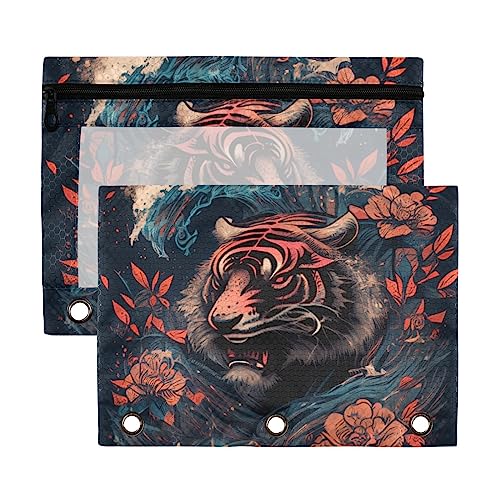 Black Sea Waves Blue Orange Tige Flower American Retro 3 Ring Binder Pencil Pouch 2 Pack Kunststoff Recycled Transparent Wasserdicht Federmäppchen mit Reißverschluss Schreibwaren Zubehör von Wudan