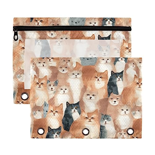 Cartoon Cats Kawaii 3-Ringbuch-Federmäppchen, transparent, wasserdicht, Kunststoff, mit Reißverschluss, Kosmetiktasche, Büro-Dokumenten-Organizer, 2 Stück von Wudan