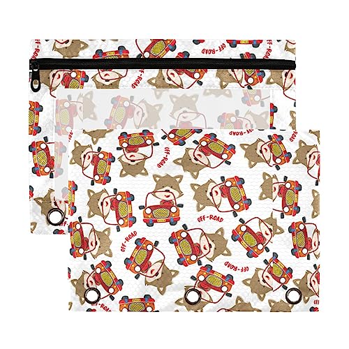 Cartoon Cute Fox Drive Car White 3 Ring Binder Pencil Pouch 2 Pack klar wasserdicht Kunststoff Federmäppchen mit Reißverschluss Kosmetiktasche Büro Dokument Organizer von Wudan