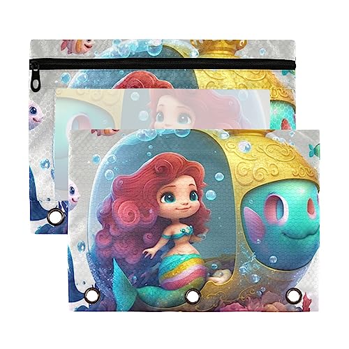 Cartoon Red Hair Meerjungfrau Prinzessin 3 Ringen Binder Bleistiftbeutel 2 Stück Kunststoff Recycelte Transparent Wasserdicht Federmäppchen mit Reißverschluss Schreibwaren Zubehör von Wudan