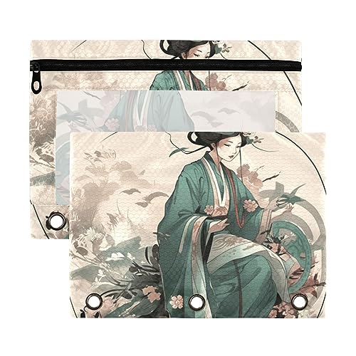 Chinesische Frau Tandoori Kranich Grün Rot 3 Ring Binder Federmäppchen 2 Pack Transparent Wasserdicht Kunststoff Federmäppchen mit Reißverschluss Kosmetiktasche Büro Dokument Organizer von Wudan